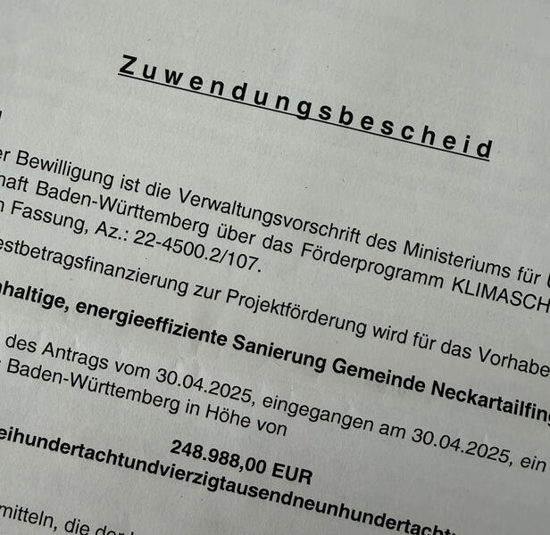 Bild eines Zuwendungsbescheids für die Stadt Neckartailfingen in Höhe von EUR 248.988,00 aus dem Jahr 2025